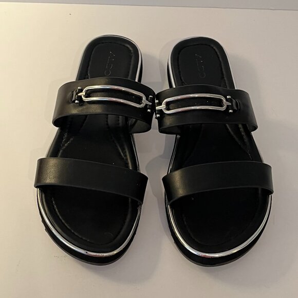 ALDO Lagoon Black Slide Sandals Silver Buckle Detailing ~ Women's Size 10 EUC 41 - Picture 1 of 8
